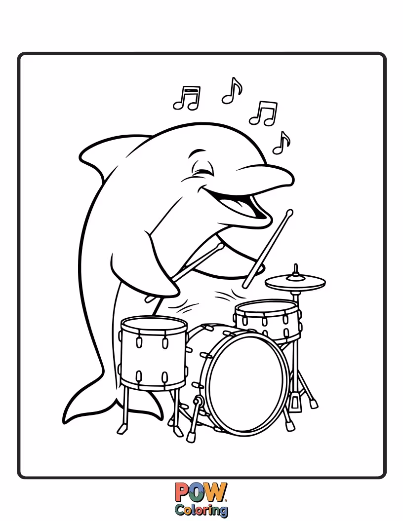 Free coloring page of Get ready to tap your feet! This dolphin is rocking out on a drum set.