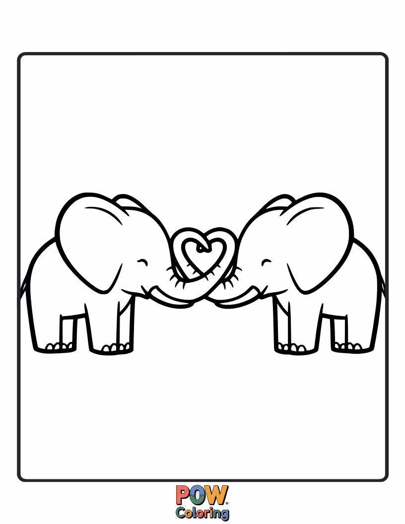 Free coloring page of An adorable elephant uses its trunk to give a giant, loving hug to its best friend, celebrating Valentine's Day with warmth.