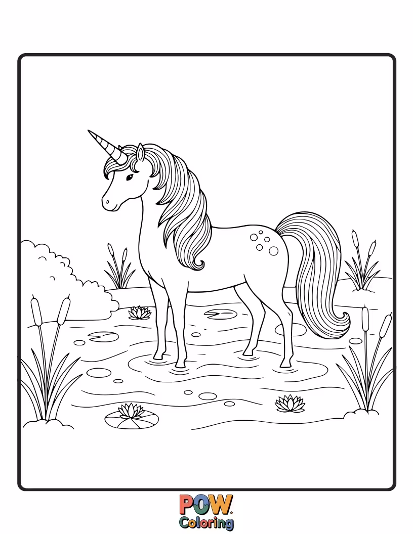 Free coloring page of Unicorn drinking from a sparkling, enchanted river that flows through a mystical landscape.