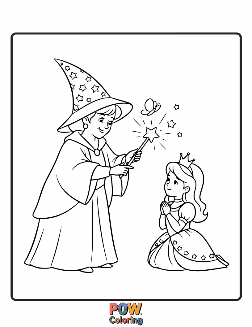 Free coloring page of A kind princess receiving a magical blessing from her benevolent fairy godmother.