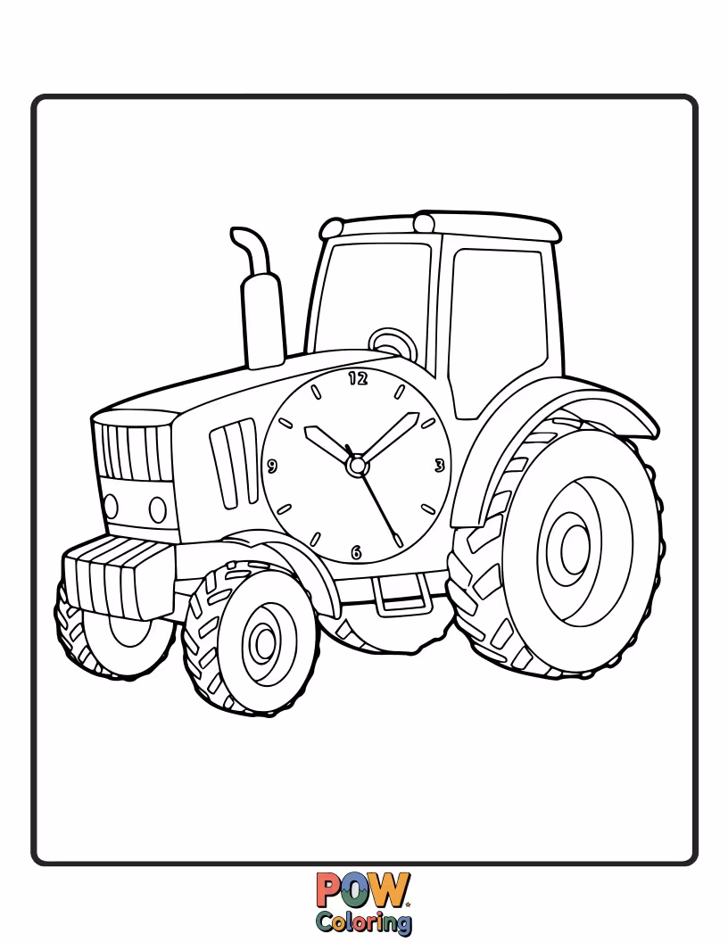 Free coloring page of A sturdy clock with a friendly farm tractor, perfect for little farmers.