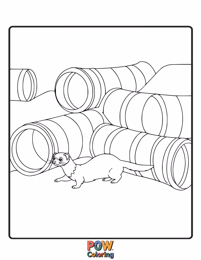 Free coloring page of A ferret excitedly zipping through a long, winding fabric tunnel.