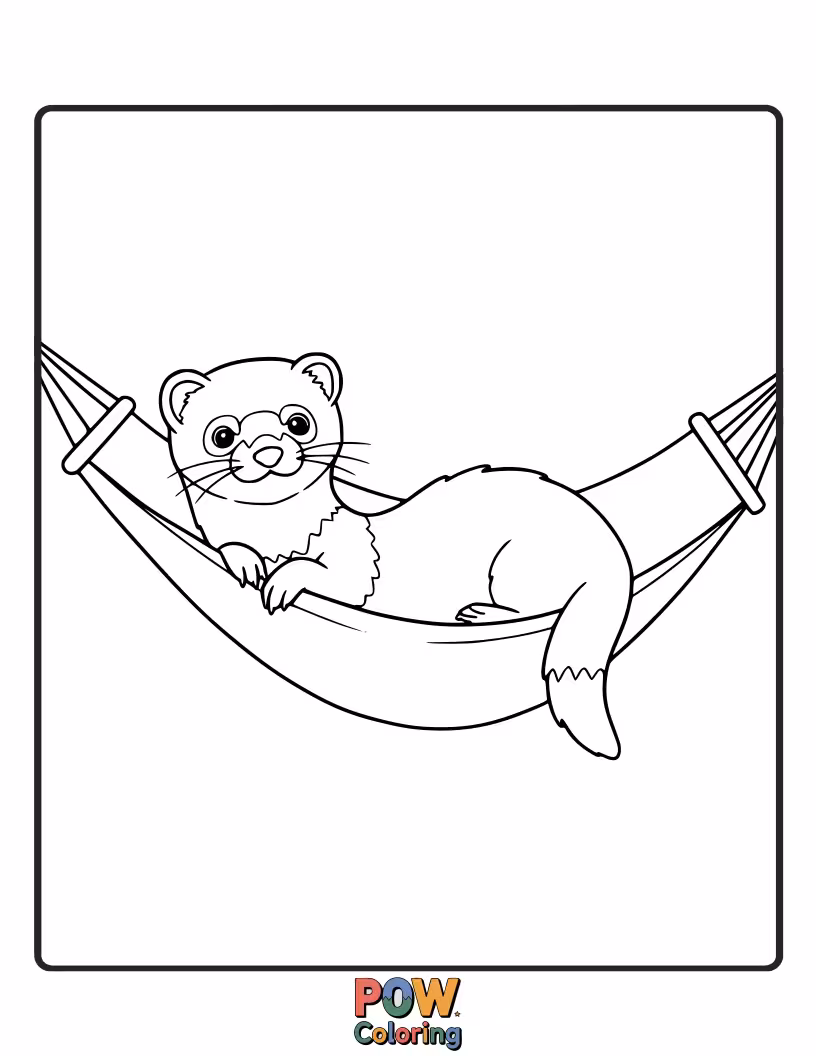 Free coloring page of A relaxed ferret lounging contentedly in a suspended fabric hammock.