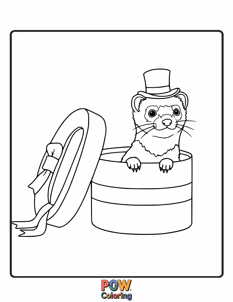 Free coloring page of A sophisticated ferret peeking out of an elegant hat box.