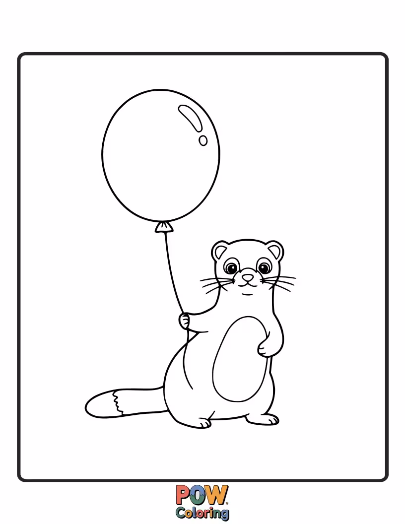 Free coloring page of A happy ferret chasing a floating, colorful balloon.