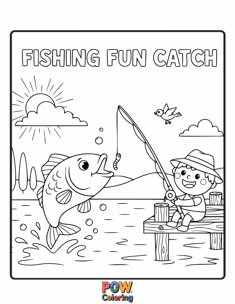 Free coloring page of A fishing rod with a fish on the line. Learn about simple fishing techniques and patience.