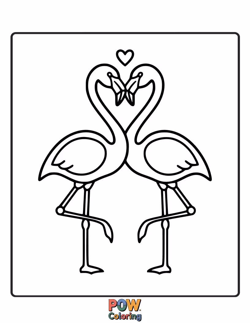 Free coloring page of A stylish flamingo strikes a heart-shaped pose with its neck, hoping to impress its Valentine with its elegant charm.
