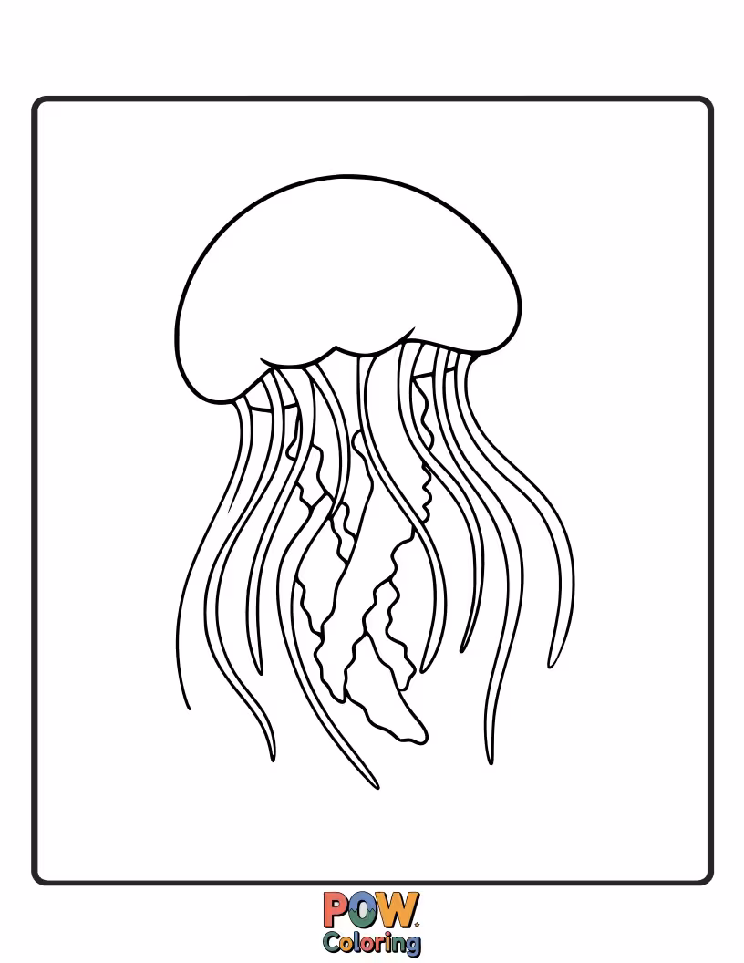 Free coloring page of A translucent jellyfish shape with flowing tentacles, encouraging imaginative coloring and exploration of sea textures.