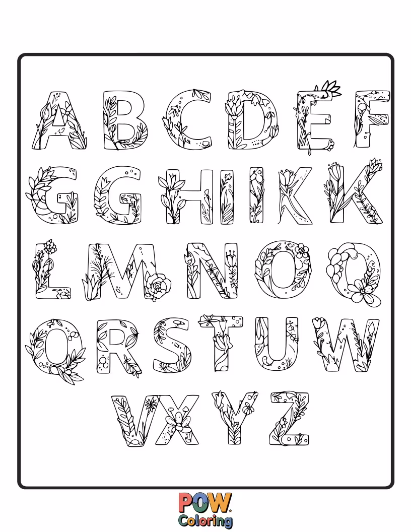 Free coloring page of Each letter of the alphabet is beautifully adorned with floral elements, combining learning and artistic fun.