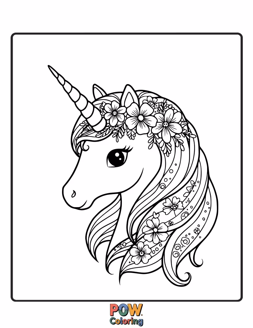 Free coloring page of Beautiful unicorn with a delicate floral crown, smelling sweet blossoms.