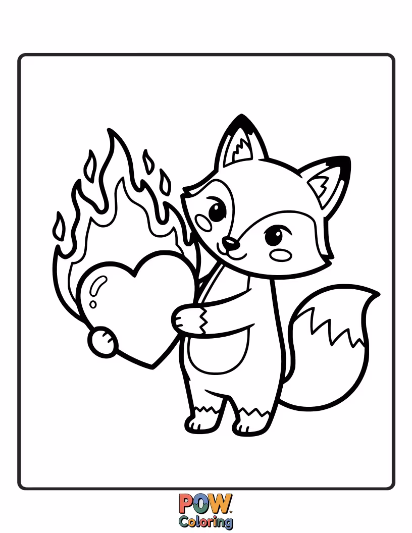 Free coloring page of A playful fox playfully chases its tail in a heart-shaped loop, showing its boundless energy and love this Valentine's Day.
