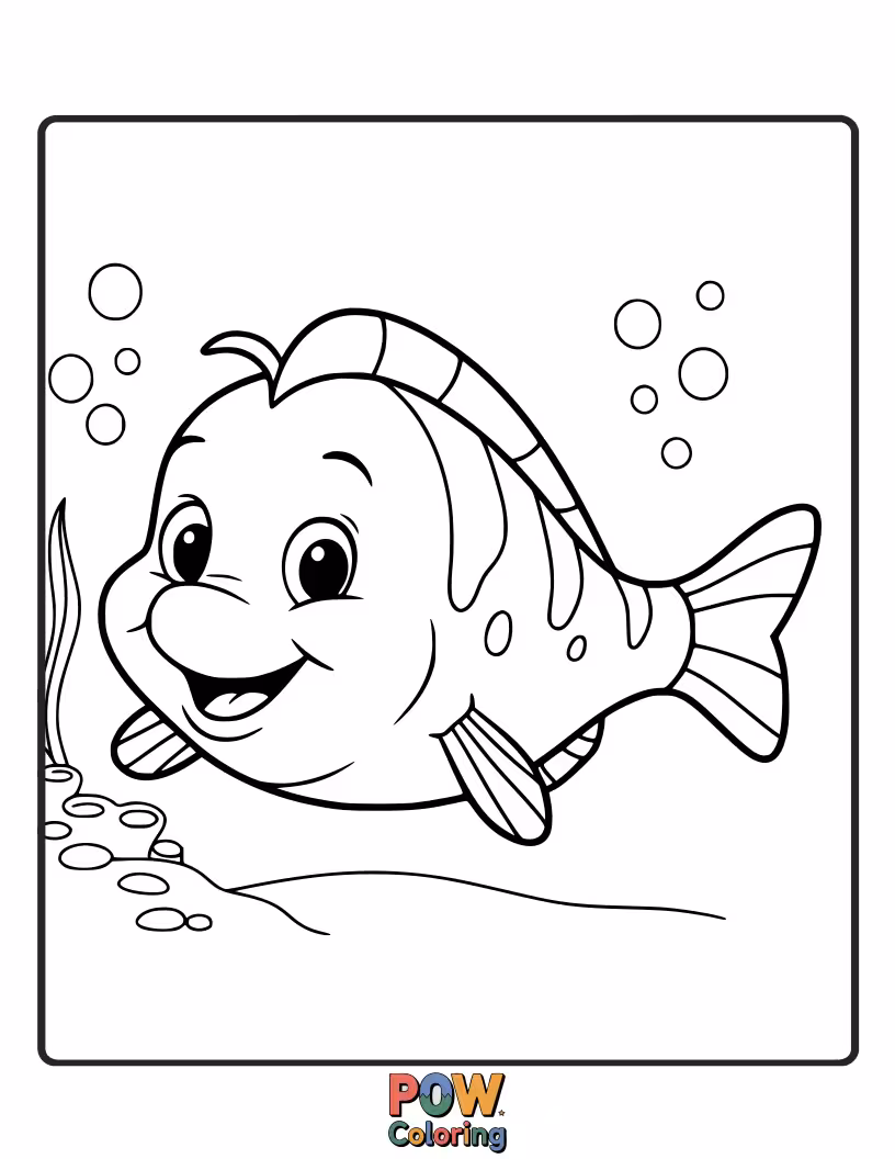 Free coloring page of A flat, friendly flounder with two eyes on one side, a unique and simple fish shape to color.