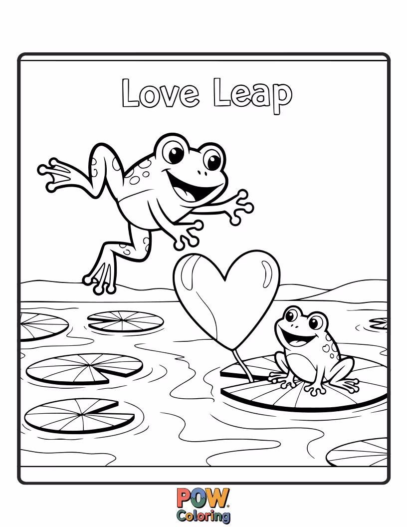 Free coloring page of A cheerful frog leaps joyfully towards its Valentine, leaving a trail of lily pads shaped like hearts across a pond.