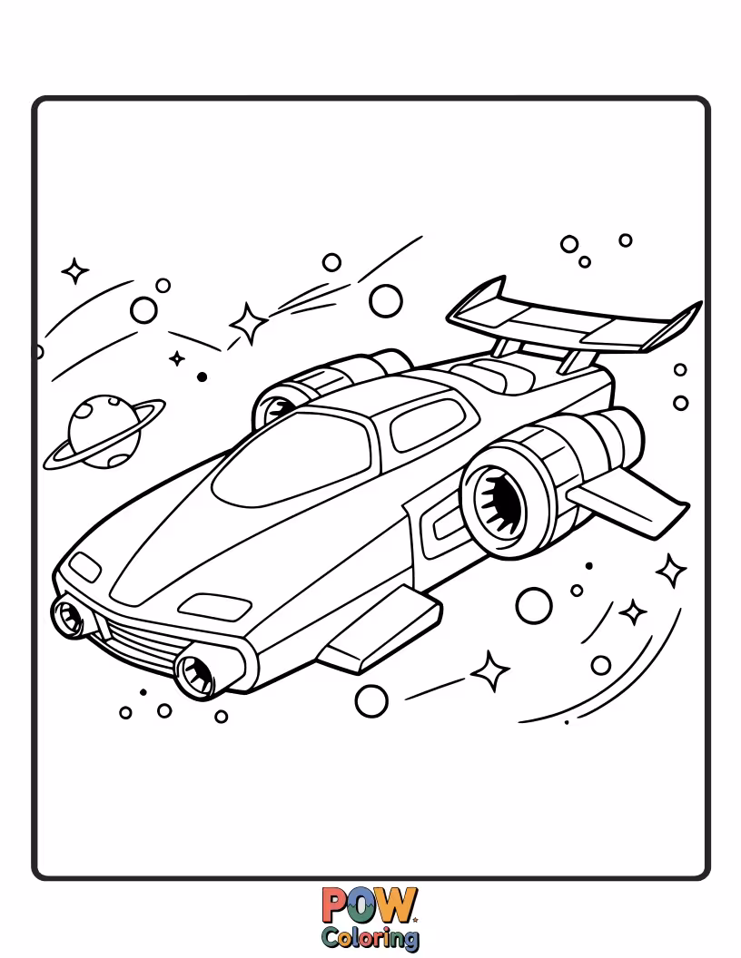 Free coloring page of A futuristic race car with cosmic designs, exploring distant galaxies and charting unknown star systems.