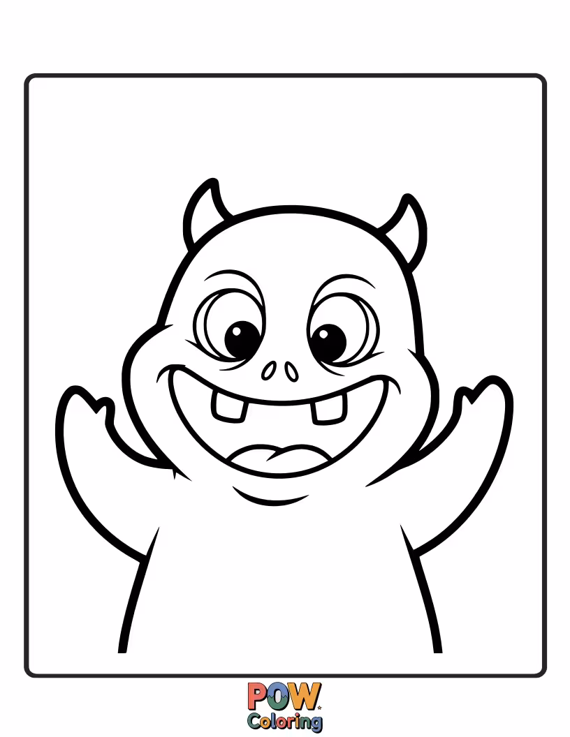 Free coloring page of A friendly ghoul has a massive, silly grin, showing off its funny crooked teeth.