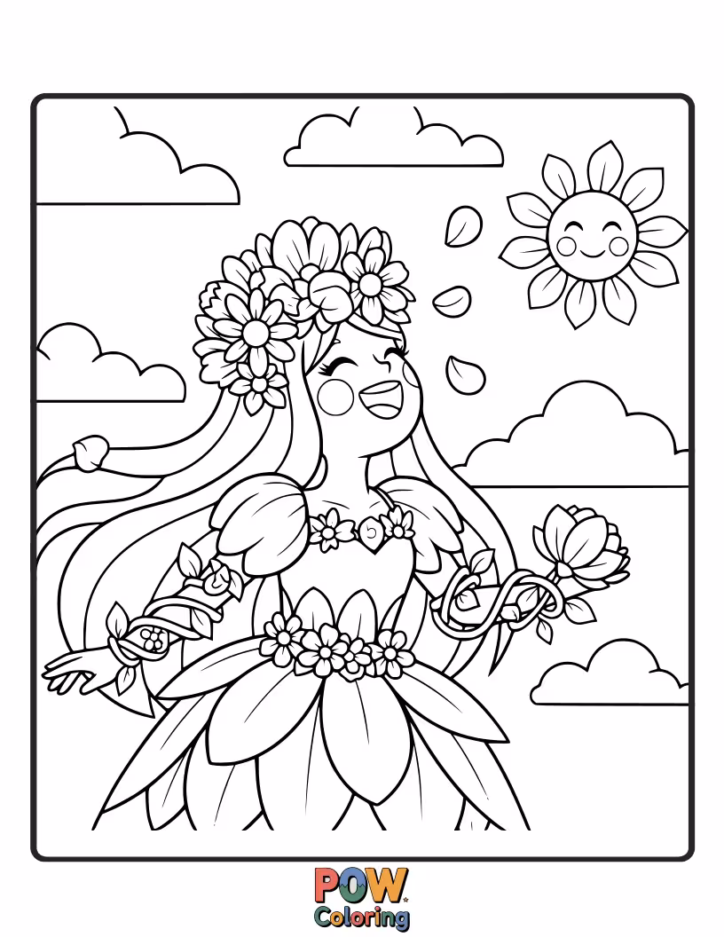 Free coloring page of A cheerful princess surrounded by talking flowers that are giggling with delight.
