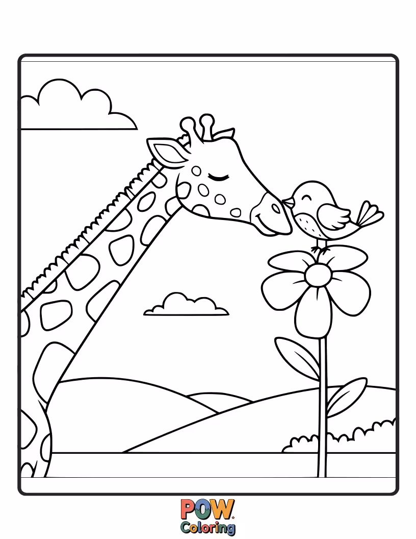 Free coloring page of A tall giraffe lovingly bends its long neck to whisper sweet nothings into its sweetheart's ear on this special Valentine's Day.