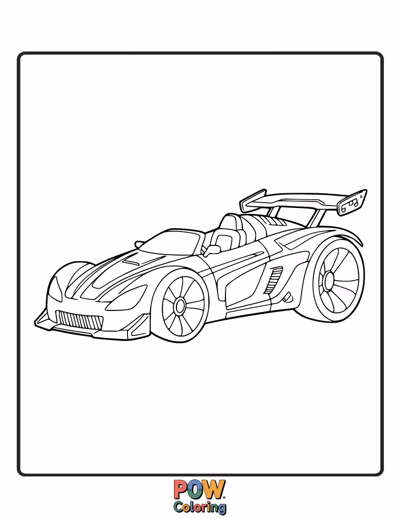 Free coloring page of A sleek race car with neon accents that appear to glow, designed for nighttime racing.