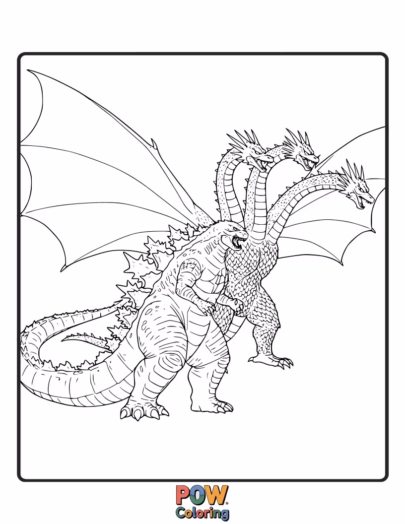 Free coloring page of The ultimate clash between Godzilla and his arch-nemesis, King Ghidorah, with three heads. Epic rivalry.