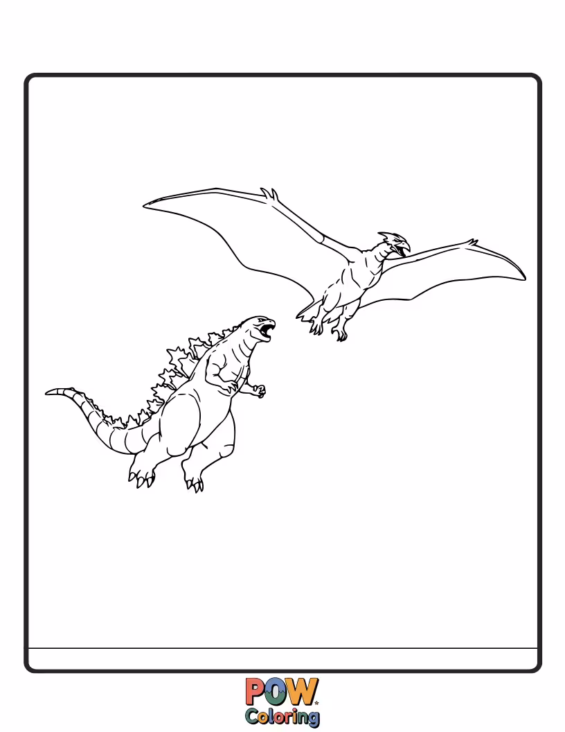 Free coloring page of Godzilla walking as Rodan soars majestically overhead, a partnership of titans. Aerial and ground.