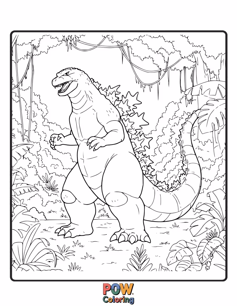Free coloring page of Godzilla making his way through dense jungle foliage, a natural predator. Lush environment.