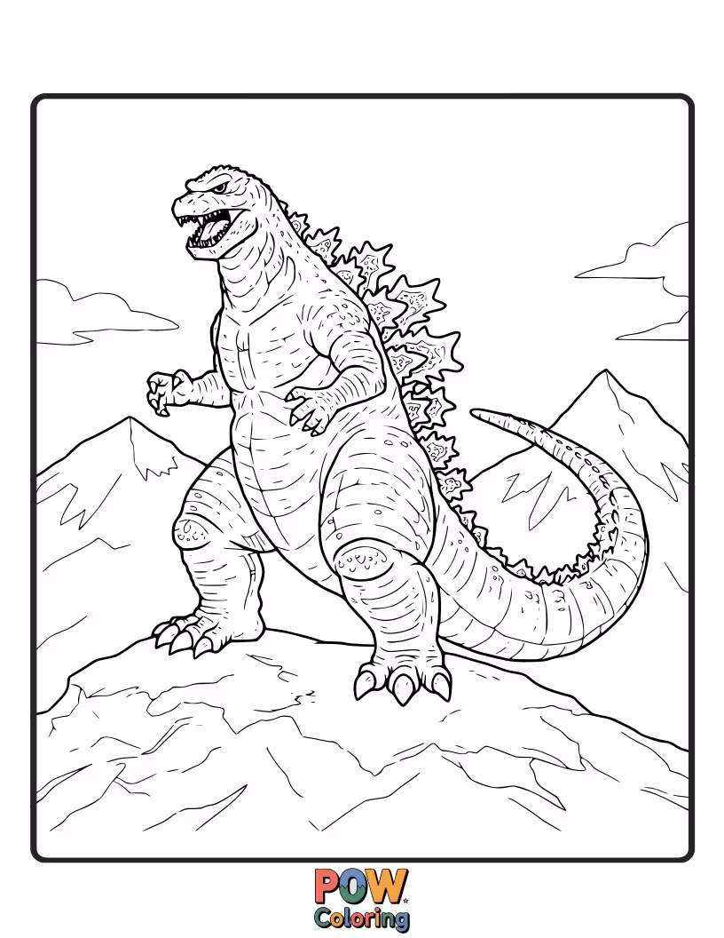 Free coloring page of Godzilla standing atop a snow-covered mountain, a stark contrast to his usual fiery nature. Unique environment.