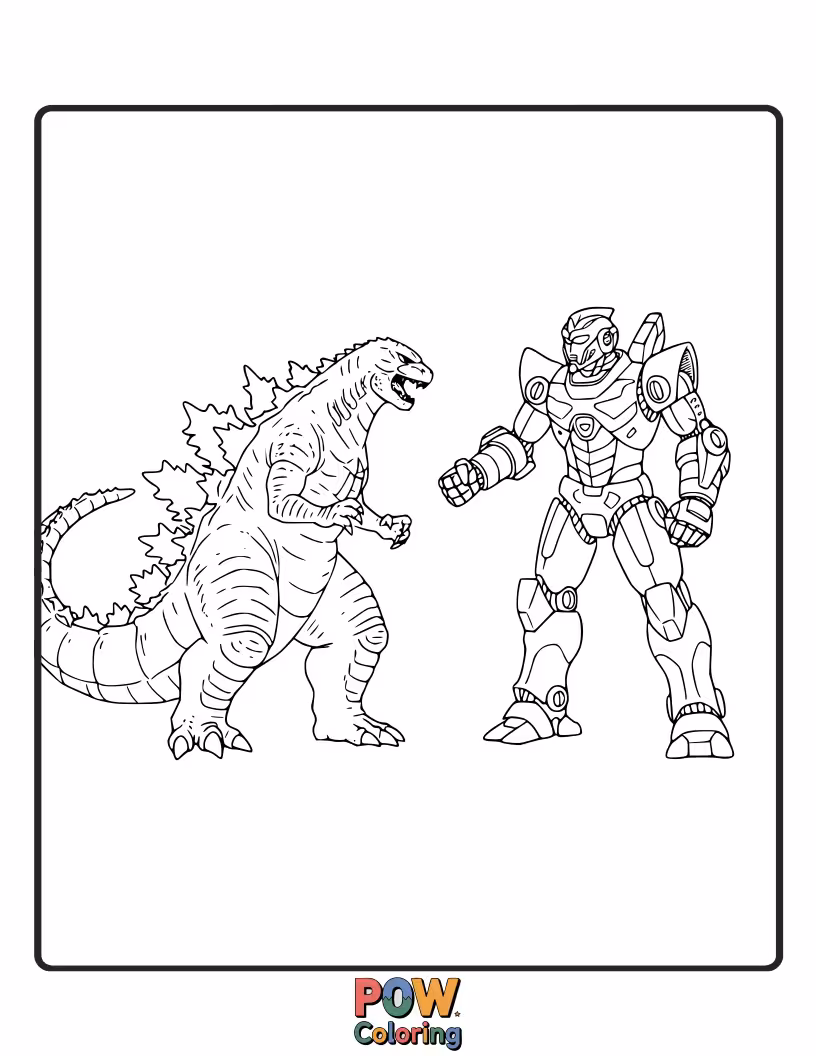 Free coloring page of A thrilling showdown between Godzilla and a colossal mecha, pure sci-fi action. Epic battle.