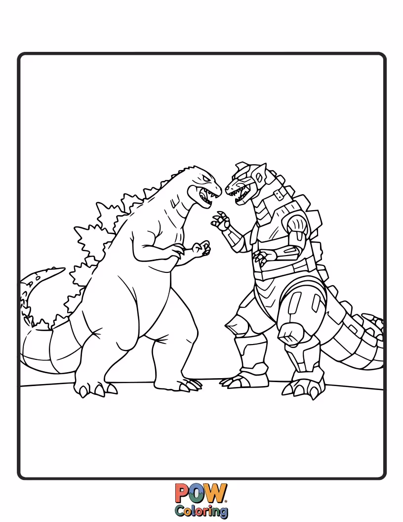 Free coloring page of The ultimate mechanical doppelganger, Mechagodzilla, faces off against the original Godzilla. Intense rivalry.