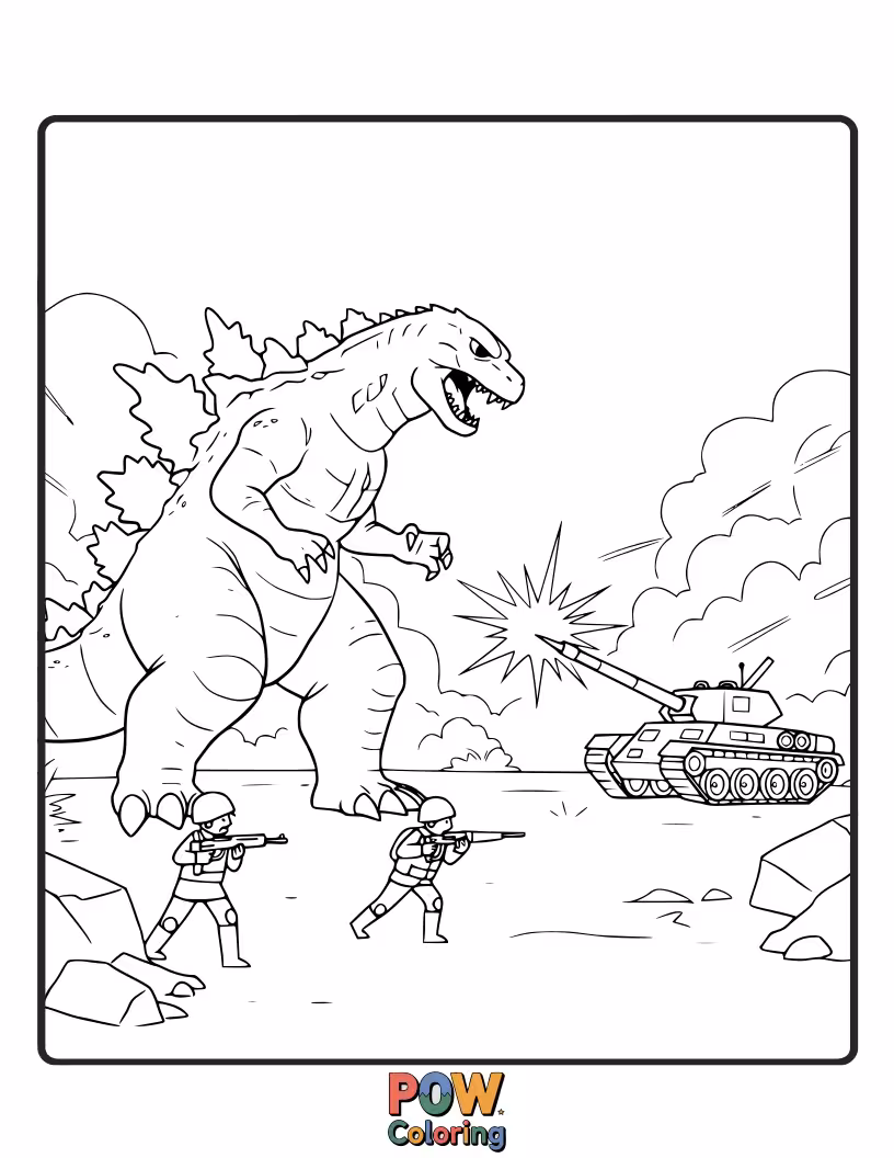 Free coloring page of The King of the Monsters facing off against tanks and jets, proving his dominance. Action-packed combat.