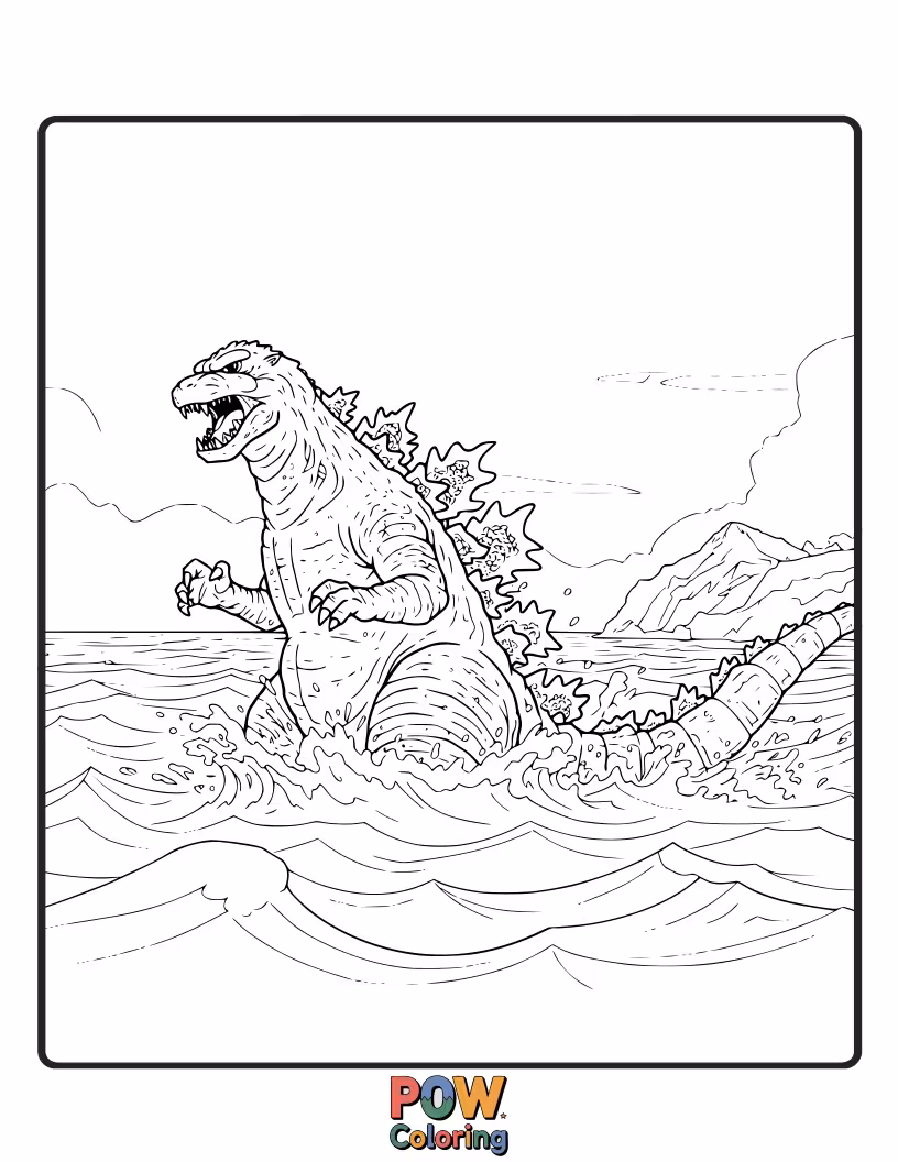 Free coloring page of Godzilla diving back into the ocean, a trail of bubbles following his powerful descent. Stealthy exit.