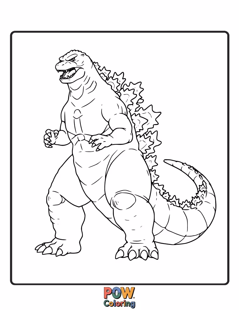 Free coloring page of Godzilla in a protective posture, ready to defend himself against any threat. Strong and vigilant.