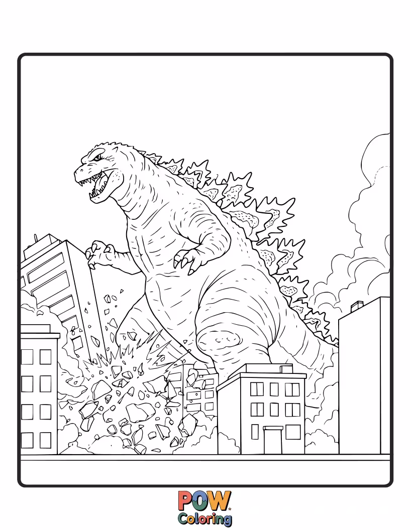 Free coloring page of Godzilla emerging from the sea or earth with a dramatic flourish, ready for action. Impactful arrival.