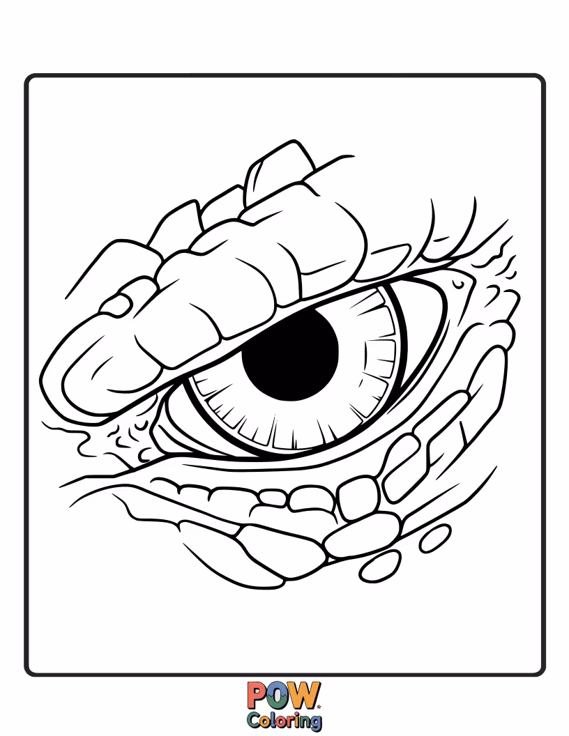 Free coloring page of A striking close-up of Godzilla's piercing eye, full of ancient wisdom and power. Expressive and captivating.