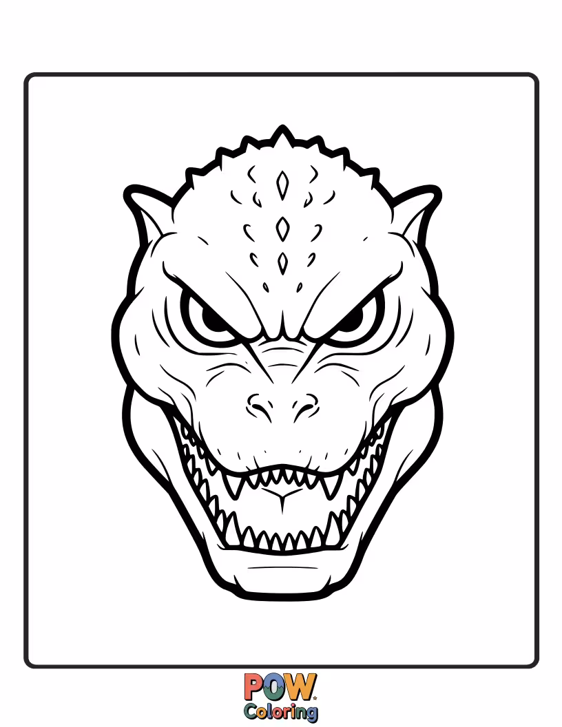 Free coloring page of Close-up on Godzilla's eyes, glowing with intense red or orange, signifying his immense power. Fiery gaze.