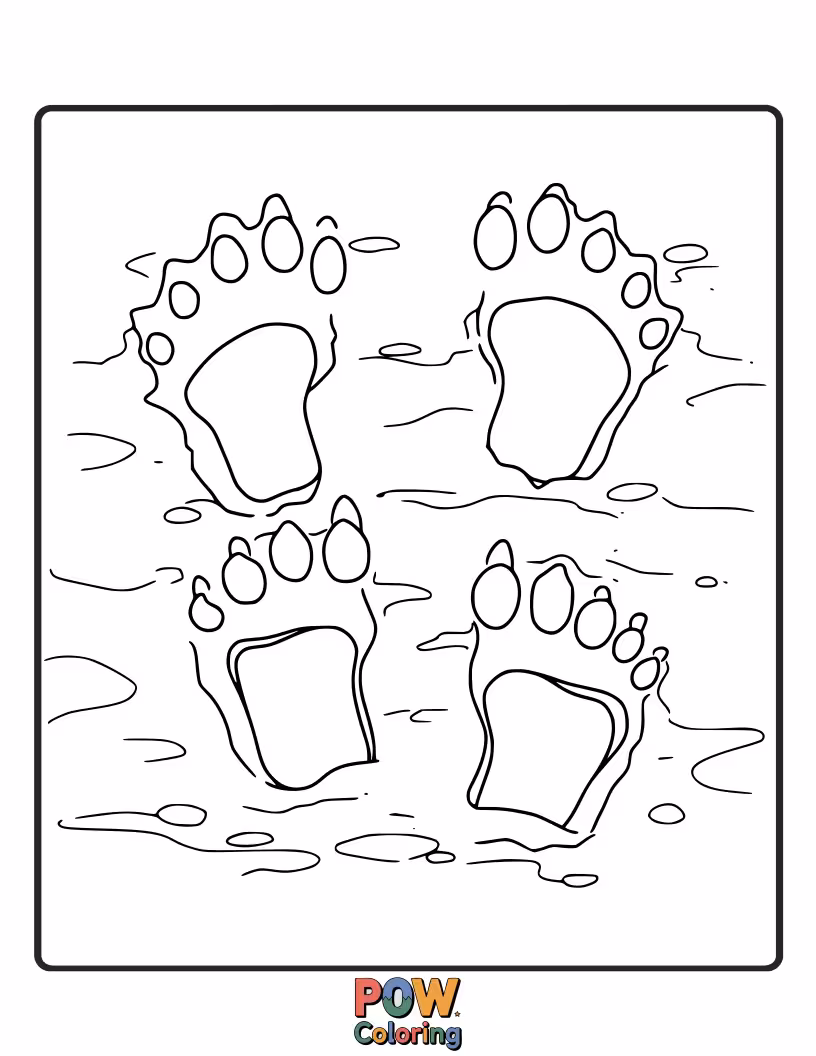 Free coloring page of Large, muddy footprints left by Godzilla as he traverses a swampy area. Trace of his path.