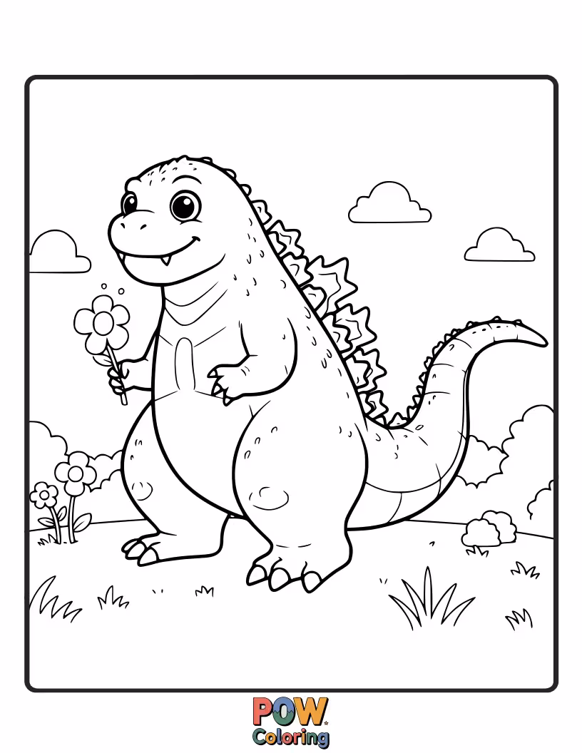 Free coloring page of Godzilla looking down protectively at smaller creatures, showing a softer side. Benevolent monster.