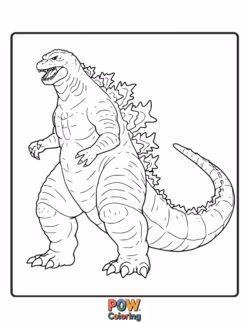 Free coloring page of A classic, powerful pose of Godzilla standing tall, his silhouette instantly recognizable. Timeless image.