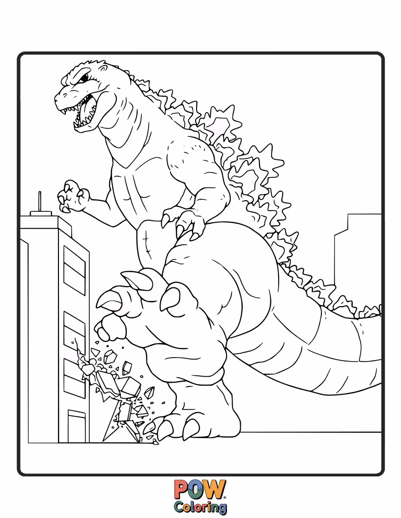 Free coloring page of Godzilla bringing down his colossal foot, crushing everything beneath its immense weight. Powerful action.