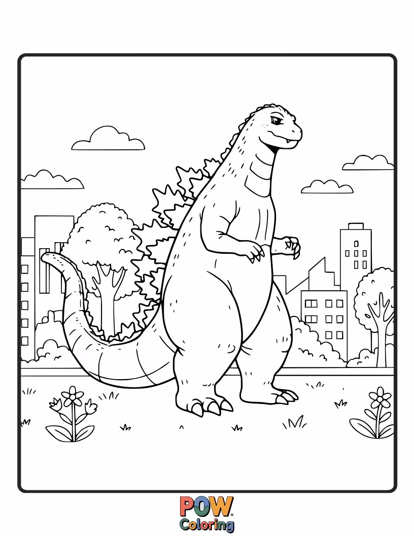 Free coloring page of Godzilla strolling through a natural landscape, perhaps near a waterfall or forest. Calm and majestic.