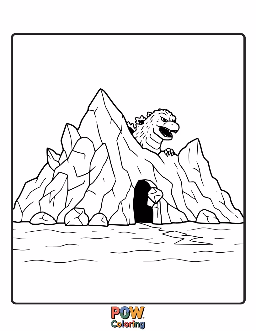 Free coloring page of Godzilla resting peacefully within a cave or rocky lair, a private sanctuary. Calm moment.