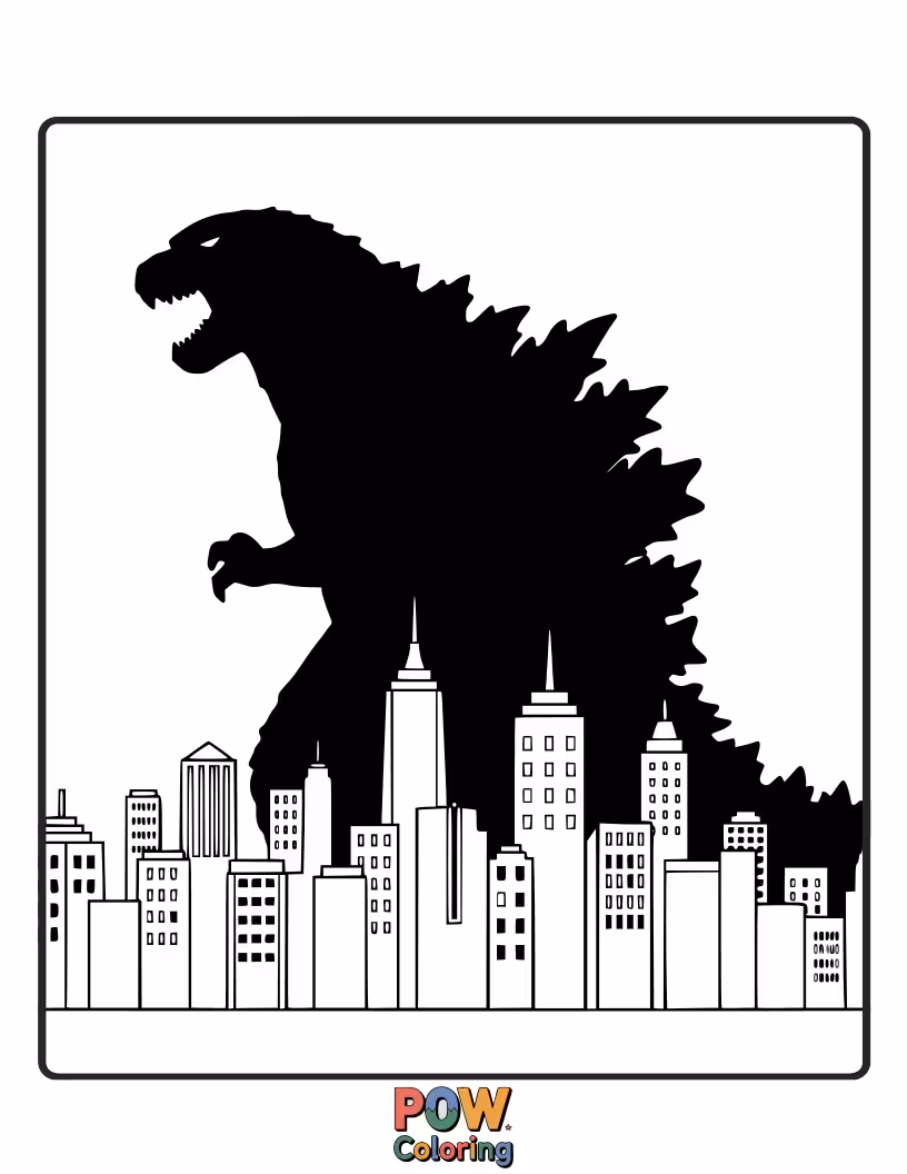Free coloring page of The imposing shadow of Godzilla cast upon a city below, creating a sense of awe and dread.