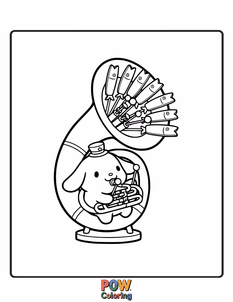 Free coloring page of Hangyodon enthusiastically playing a ukulele with a happy tune.