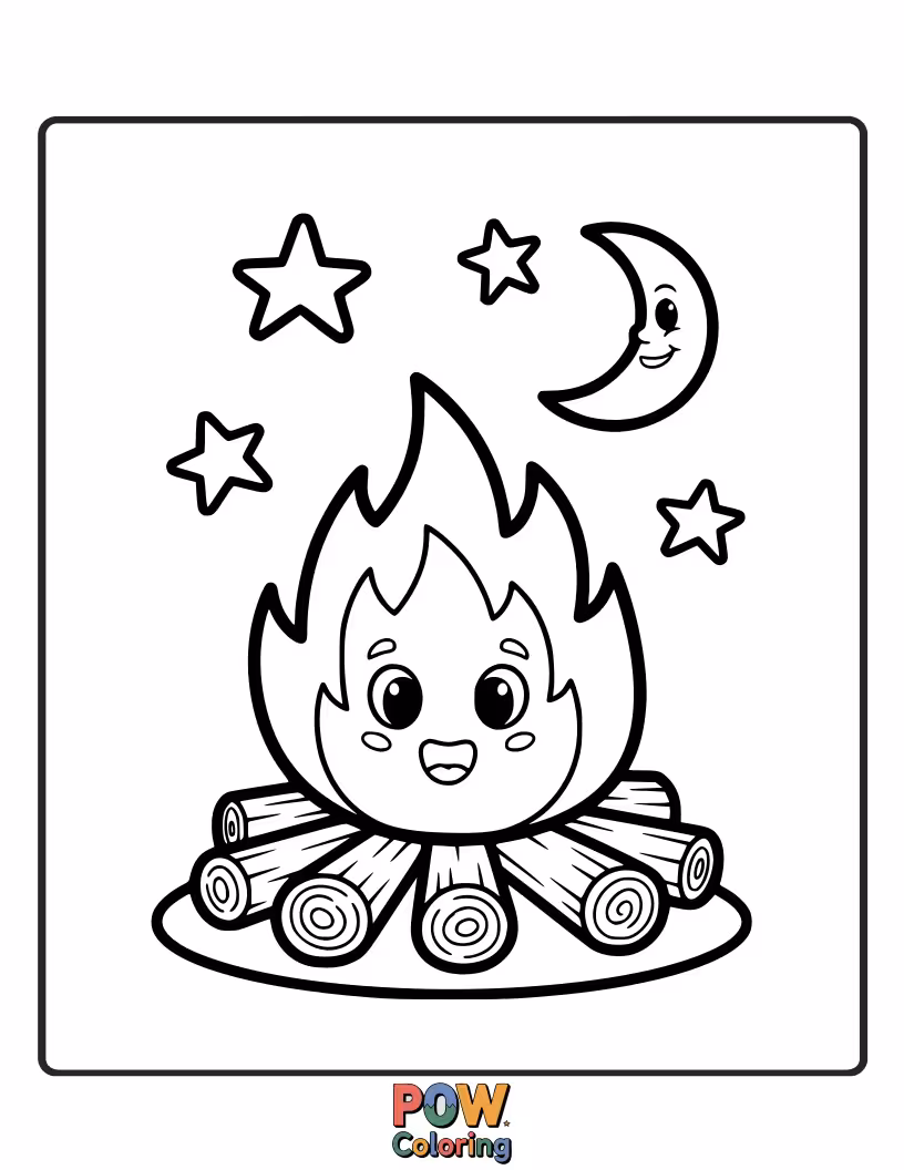 Free coloring page of A cozy campfire with marshmallows on sticks, perfect for a chilly evening under the stars. Learn about fire safety.