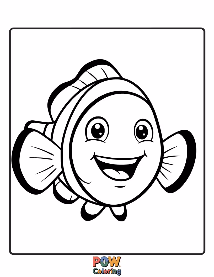 Free coloring page of A smiling clownfish face with bold stripes, perfect for preschoolers to easily fill in with bright, contrasting colors.