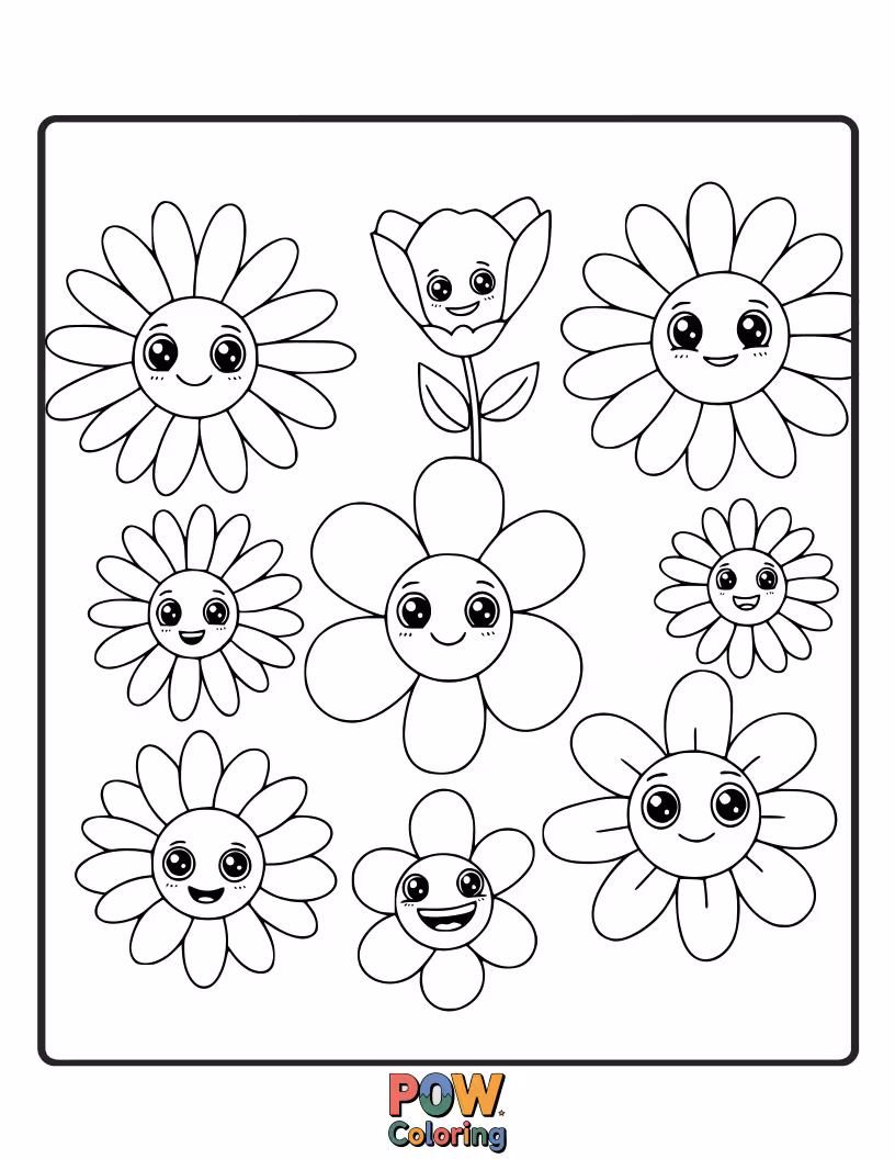 Free coloring page of Cheerful flowers with playful faces bring a sense of fun and silliness to this delightful coloring page.