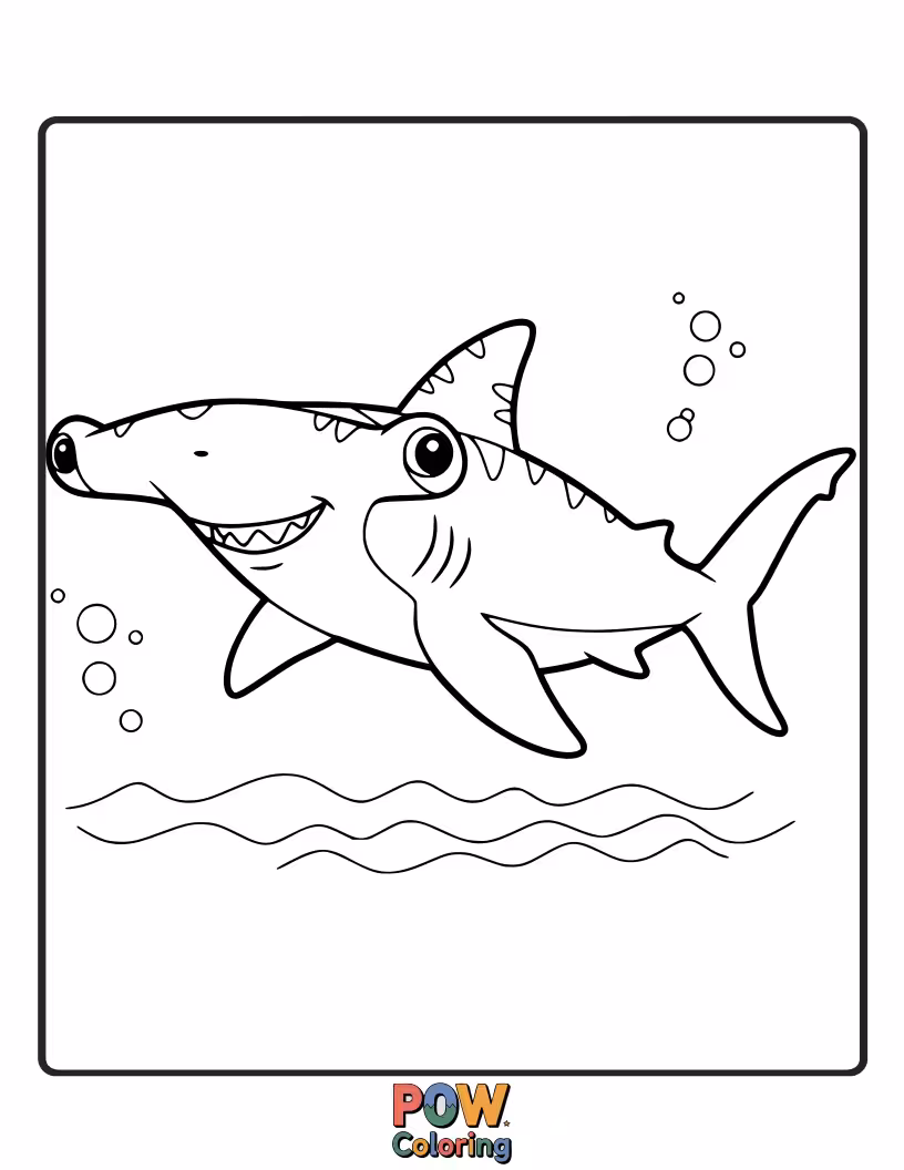 Free coloring page of A simplified, friendly hammerhead shark with its distinctive head shape, making it fun and educational to color.