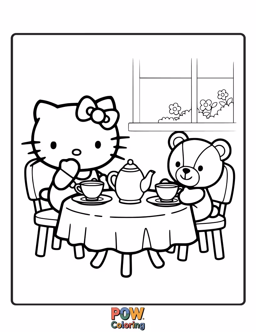 Free coloring page of Hello Kitty hosting a charming tea party with adorable teacups and cookies.