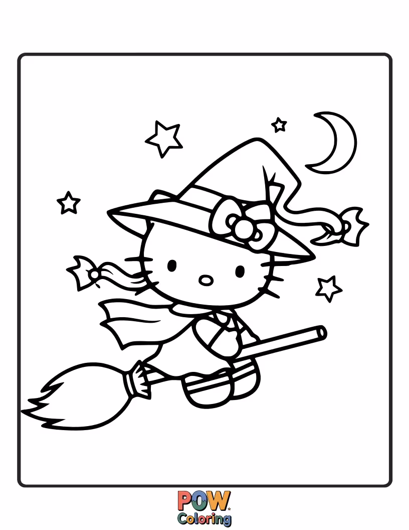 Free coloring page of Hello Kitty, sporting a comically oversized witch hat, teeters precariously on a broomstick, trying to fly.