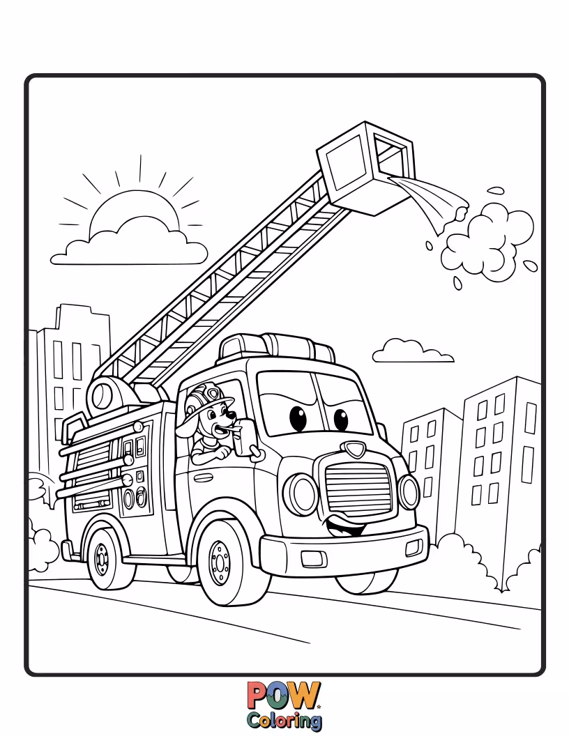 Free coloring page of A powerful fire engine with hoses and ladders, waiting to be brought to life with bright red and yellow hues.