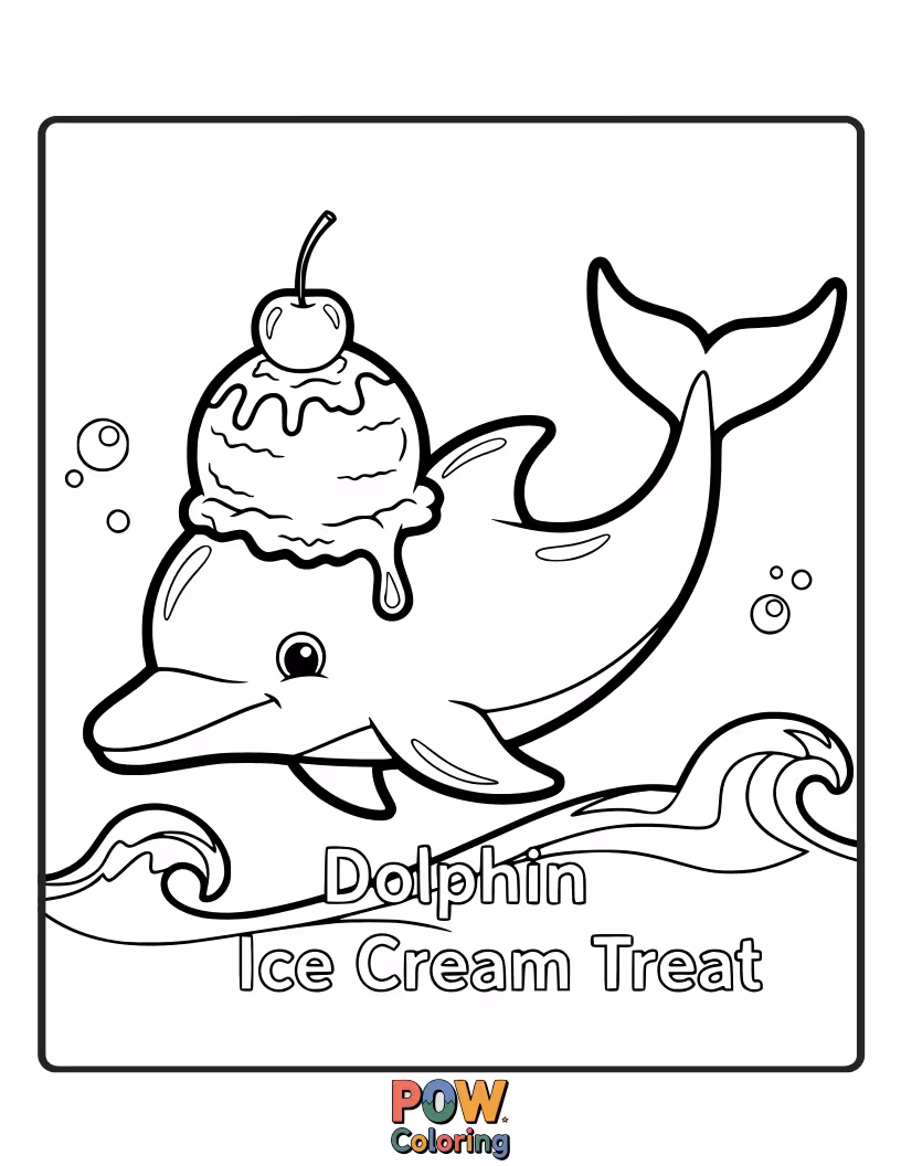Free coloring page of This dolphin can't resist a gigantic, dripping ice cream cone. Sweetness overload!